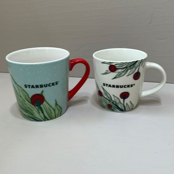 TWO STARBUCKS CHRISTMAS GREENERY MUGS - Picture 1 of 7